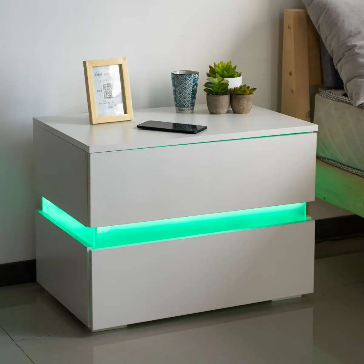 

Высокий глянцевый RGB светодиодный журнальный столик с 2 ящиками, современный прикроватный столик, диван, боковые столы, шкаф для хранения, на...