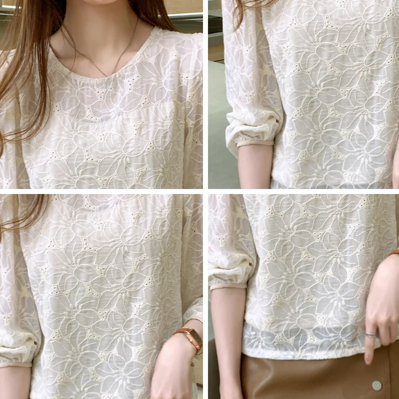 

COIGARSAM Full blouse women New Spring Lantern Sleeve O-Neck blusas womens tops and blouses White Apricot 567
