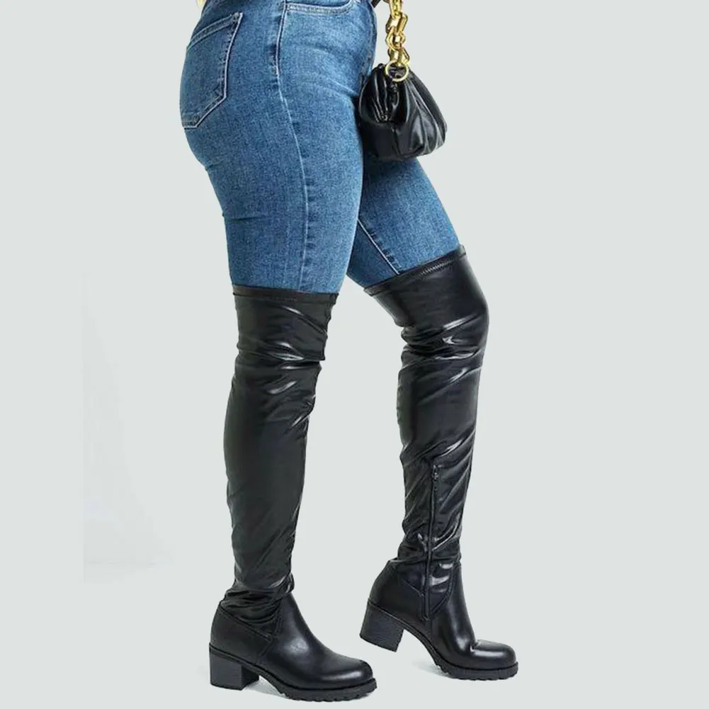 

Женские сапоги на молнии GIGIFOX, Черные Сапоги выше колена на массивном каблуке, большие размеры до 43