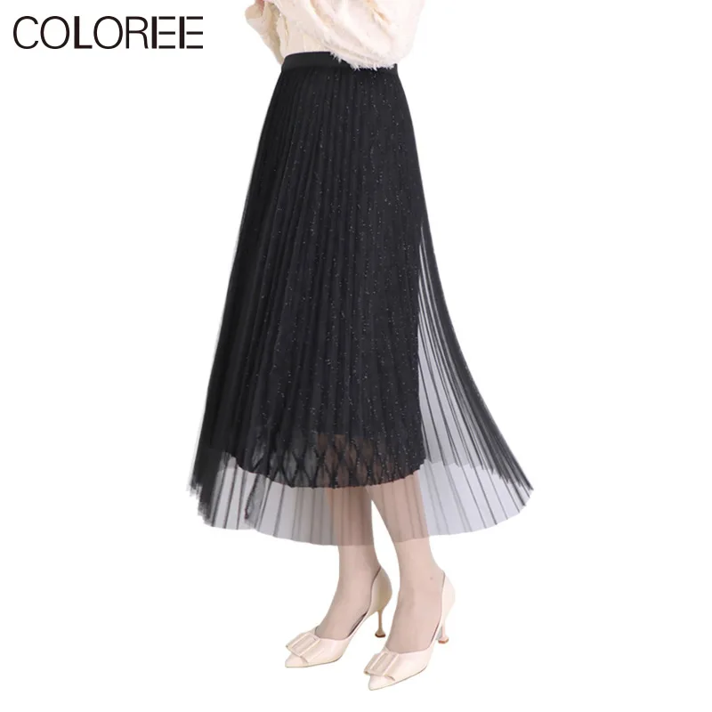 

Korean Fashion Summer Clothing 2021 Elegant High Waist White/black Mesh Pleated Midi Skirts Womens