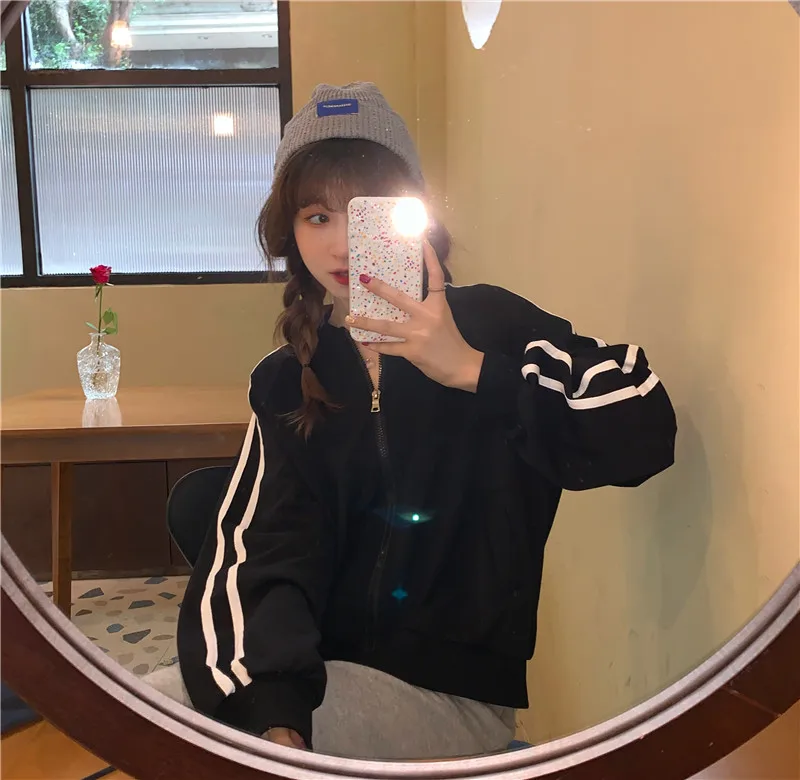 

Striped Sports for Women Spring and Autumn 2021 New Korean Style Student Baseball Uniform Long Sleeve Zipper Jacket Ins