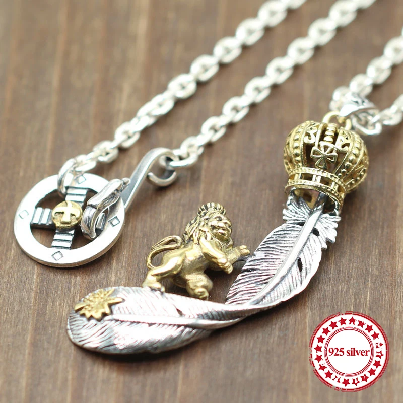 

S925 sterling silver pendants personality classic Indian couple style feathers lion cross shape send lover jewelry gift