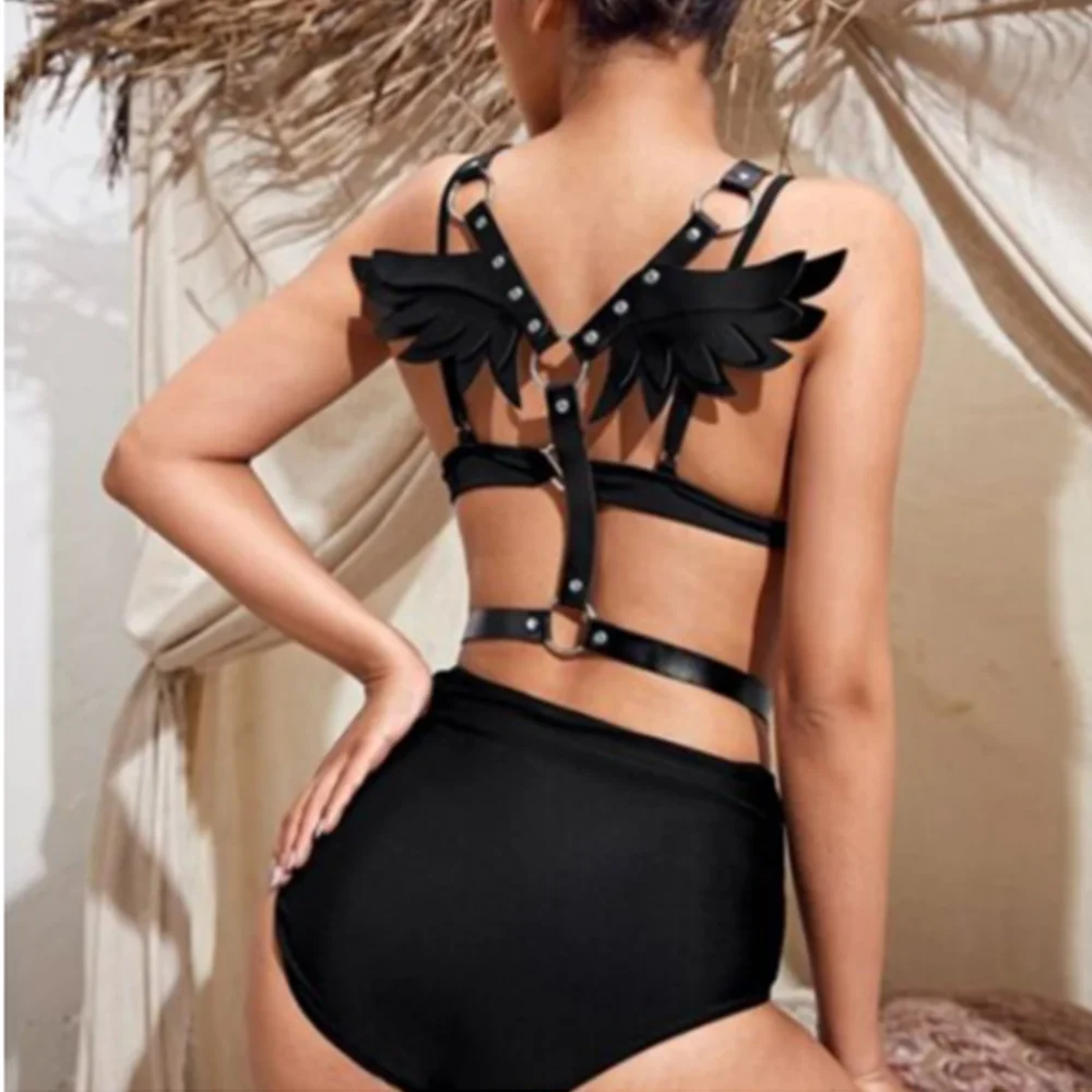 Женское бондажное нижнее белье с крыльями ангела кожаный бюстгальтер ремнями