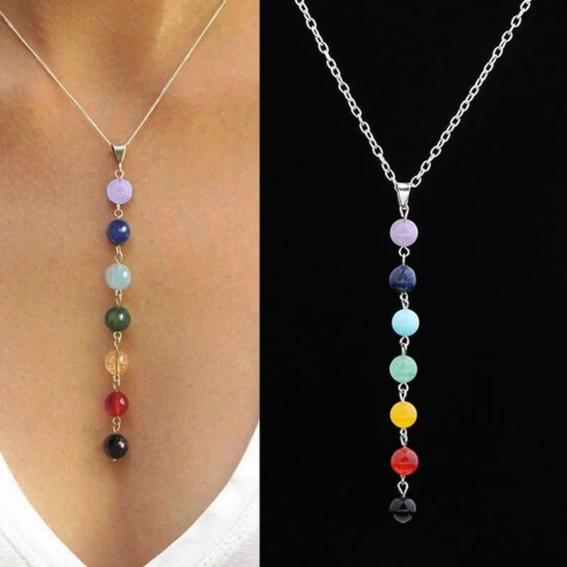 

7 Chakra Reiki Beads Healing Gemstone Charms Pendant Yoga Balancing Necklace Lapis/Turquoise/Amethyst/Jade