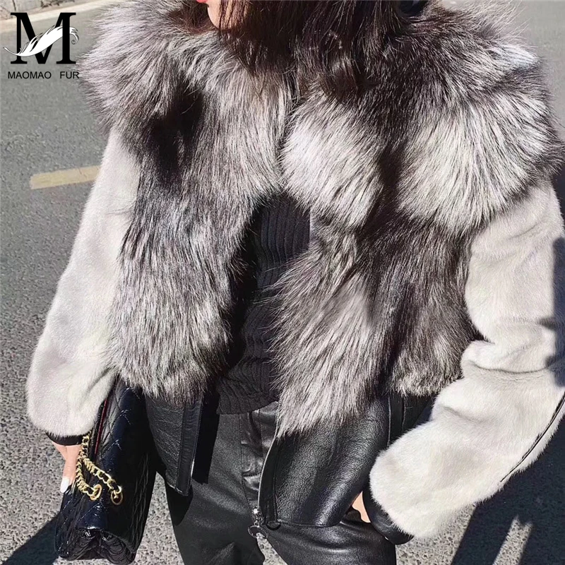 100% Real Fur Coat Women's High Quality Natural Fox Leather Jacket Luxury Whole Skin Mink Sleeve Silver | Женская одежда