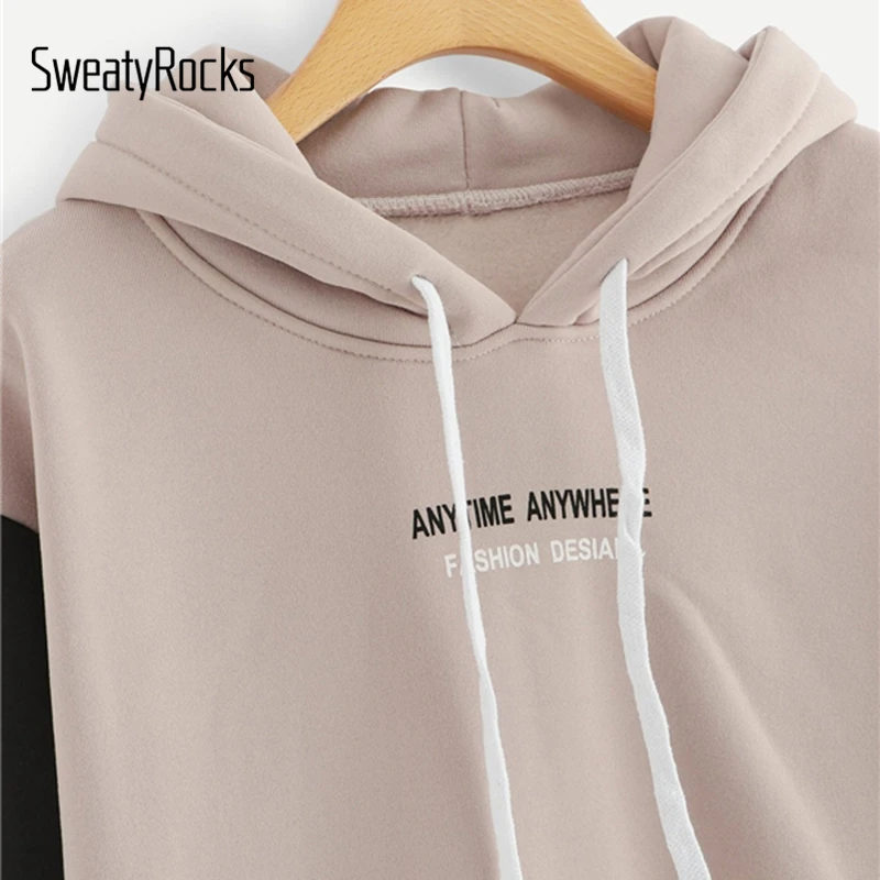 SweatyRocks толстовка с контрастными рукавами и надписями на шнурке, пуловер большого размера, топы, осенние женские повседневные толстовки с капюшоном