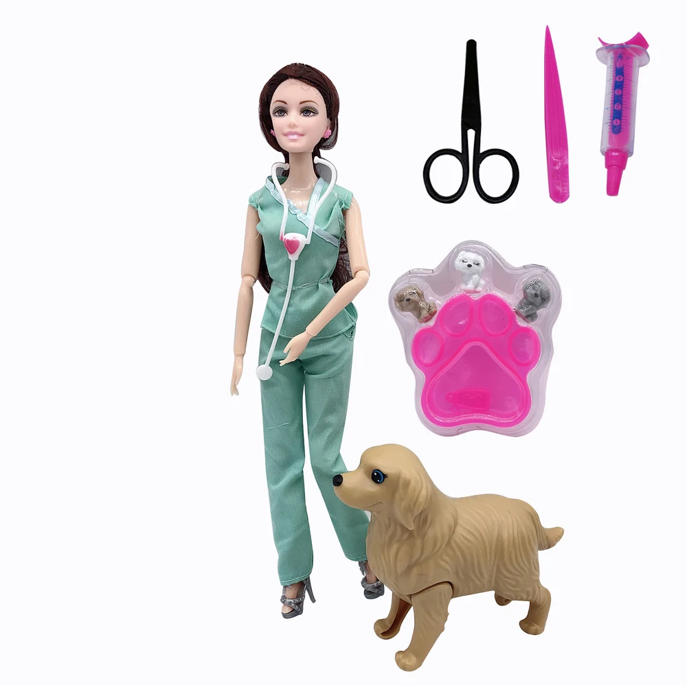

11.5 inch joint nurse Barbies doll pregnant dog + 3 puppies. Pretending to be a doctor doll child girl educational toy