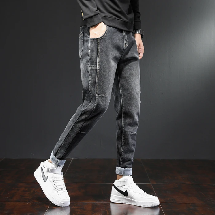 New Men's High Quality Autumn Winter Black Fleece Jeans Casual Thick Warm Denim Pants Slim Fit Streetwear Plus Velvet Trousers