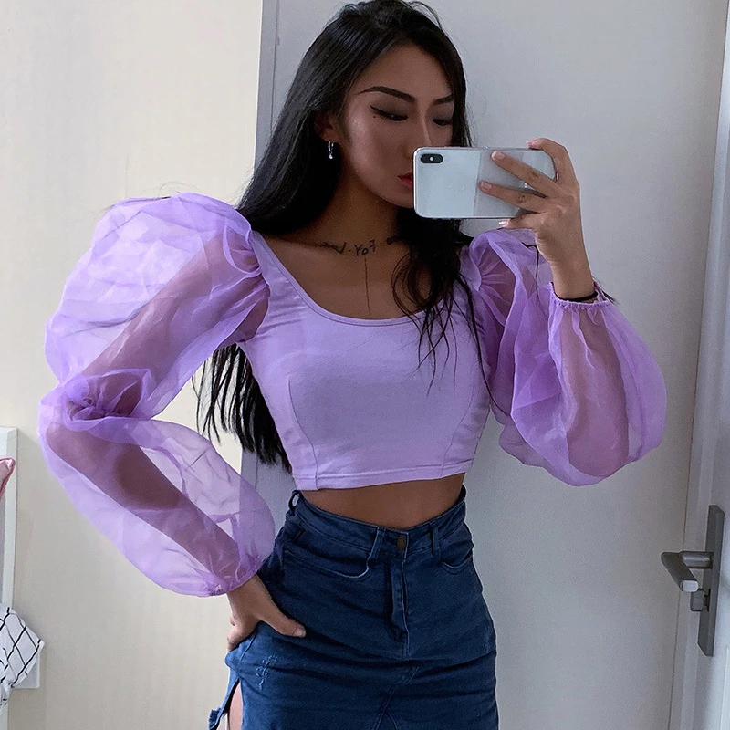 

See Though Mesh Stitch Puff Sleeve Women Cropped Top 2020 Autumn Sexy Square Neck Bodycon Sweet Korean Tshirt Slim Streetwear