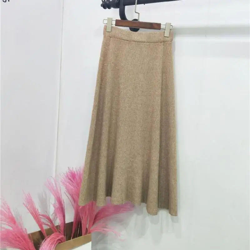 

2020 Autumn& Winter New Elastic High Waist Slimming Elastic Irregular Simple Mid-length Women A-line Knitted Skirt Free Shipping