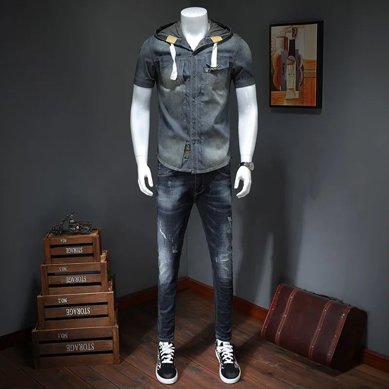 

Fashion New Summer Short Sleeve Hooded Denim Shirts Casual Preppy Style Single Breasted Vintage Plus Size Male Tops Streetwear