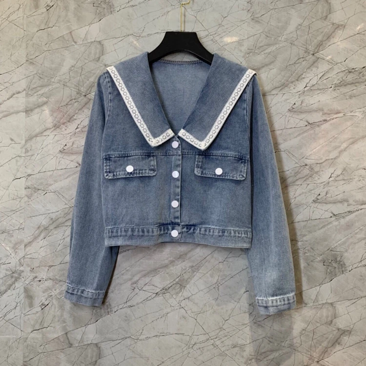 

2021 new women fashion white lace trim stitching decoration long-sleeved all-match denim short jacket 1105