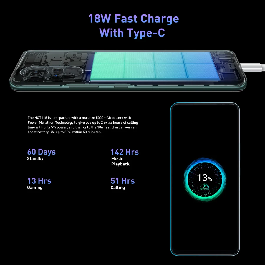 Смартфон глобальная версия Infinix hot 11S 4 Гб 64 6 78 дюйма FHD + аккумулятор 5000 мАч камера 50