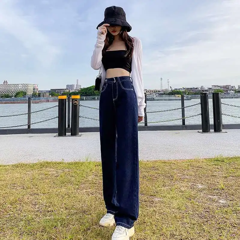 

Woman Jeans Pants Dark Blue Autumn High Waist Straight Loose Primary Color