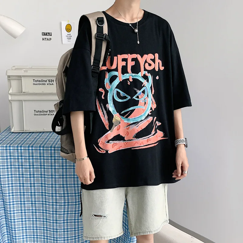 

Летняя новая модная мужская футболка с мультяшным принтом, хлопковая рубашка оверсайз с рукавом до локтя и круглым вырезом, Мужской пуловер