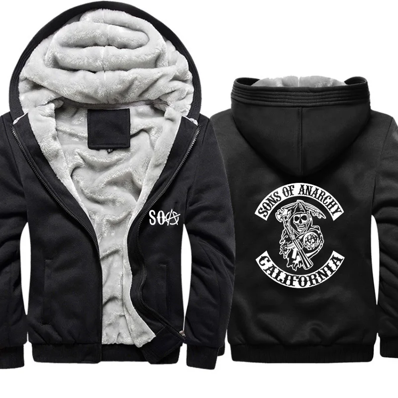 

NEW SOA Sons of Anarchy Hoodies Mens Winter fleece Thicken Warm coats zipper Sweatshirt Print Mens Hoodies Jacket Hoody Male