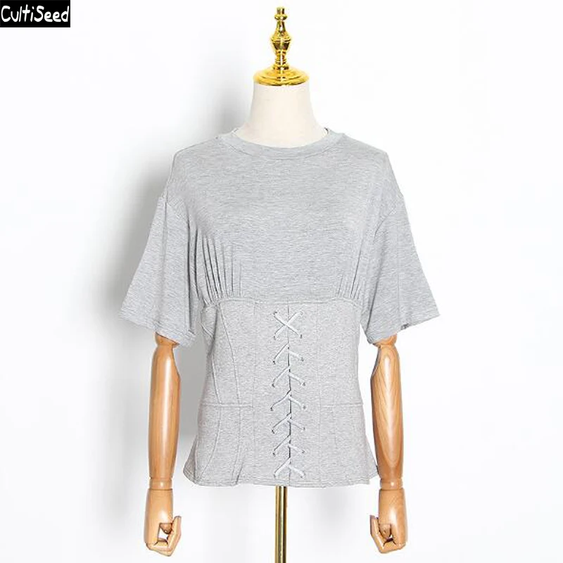 

Cultiseed Women Lacing up Bandage Cummerbunds Slim Waist T-Shirt Tees Top Female New Fashion Short Sleeve Casual T-shirt Tops