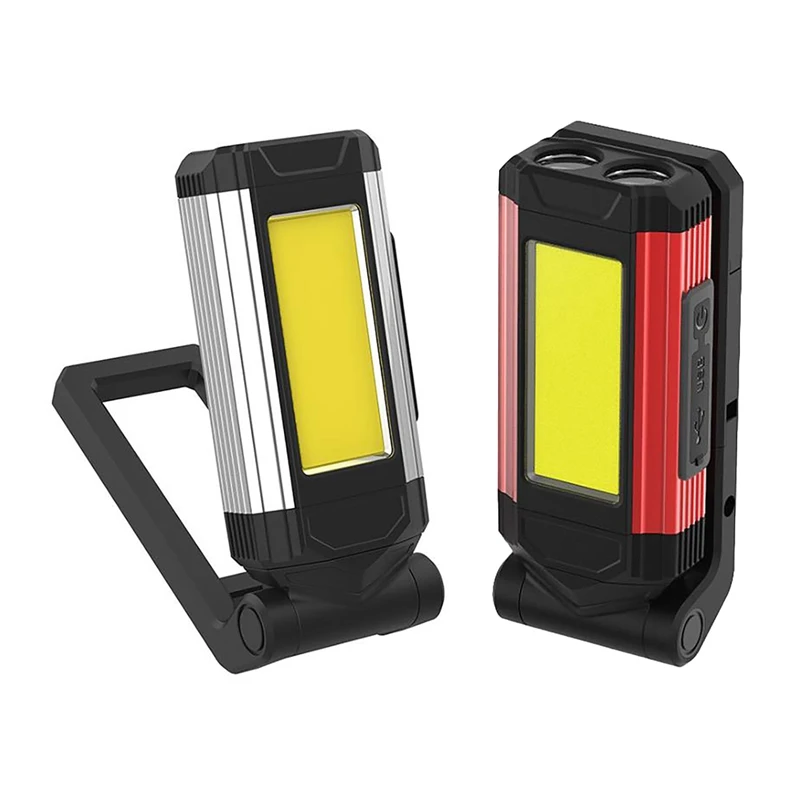 

2 Pcs COB Work Light With Magnet LED Flashlight Camping Lamp Waterpoof Torch USB Rechargeable Lantern, Silver & Red