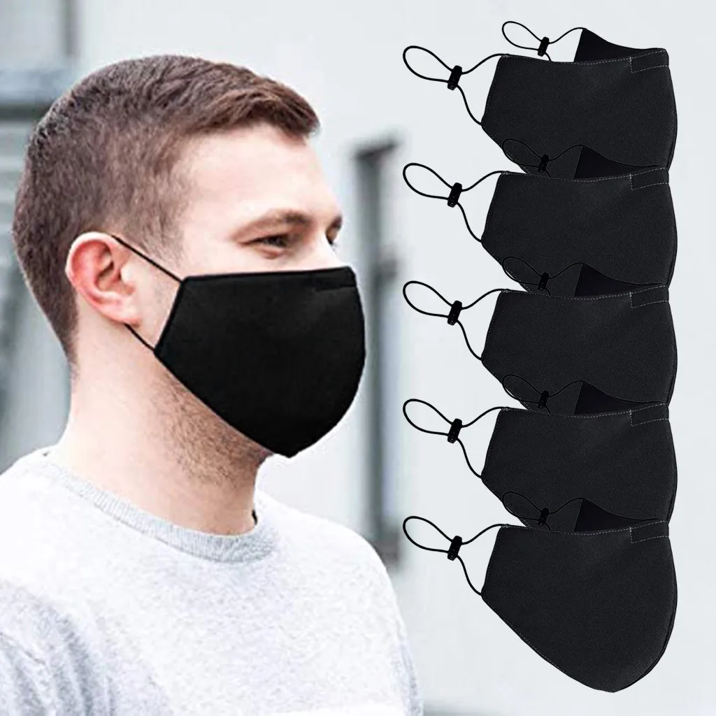 

5pcs Face scarf ear-loop adjustable Unisex faceshield washable masque Windproof Dustproof Protective solid black Mascherina