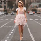 Smileven 2021 новейшее светильник-розовое Короткое мини-платье для выпускного вечера с ярусными пышными коктейльное платье из фатина сексуальное вечернее платье с открытой спиной