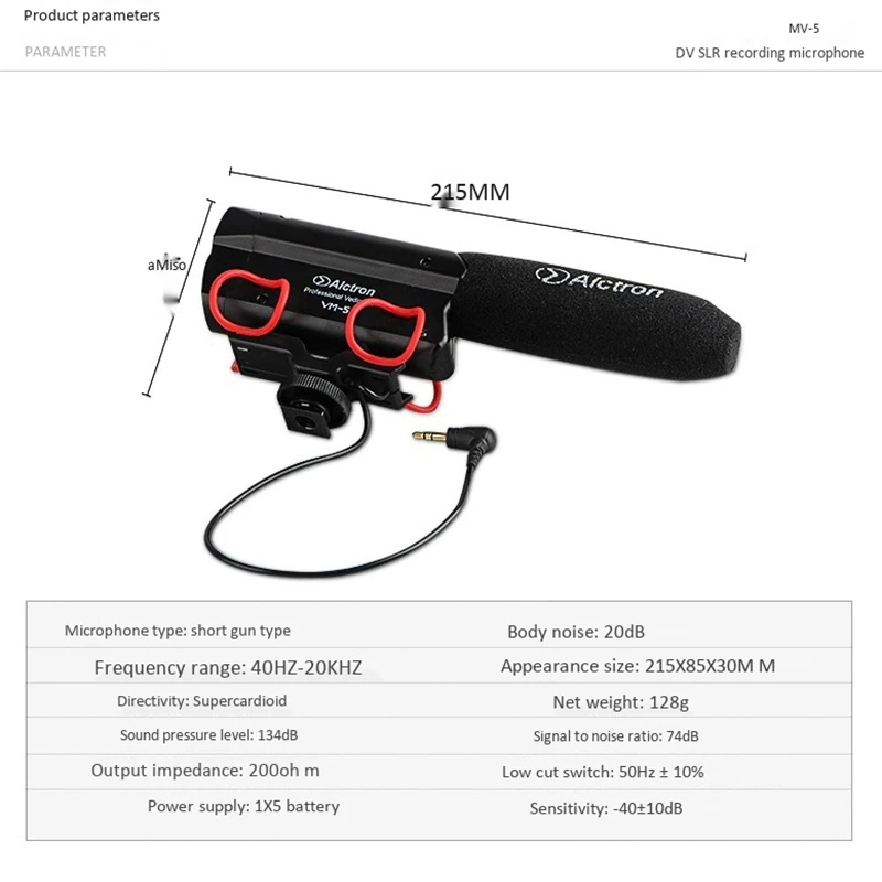

Alctron VM-5 Universal Video Microphone External Microphone Capacitor Interview with Microphone for Canon EOS Nikon DSLR Cameras