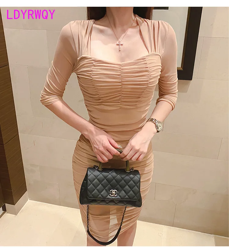

LDYRWQY Women's dress 2021 spring new sexy temperament square collar folds and thin mesh bag hip base