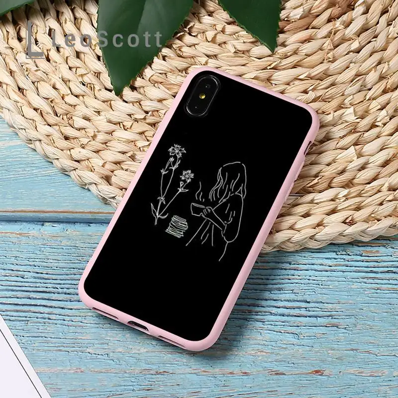 

Black and white lines fashion cat girl Phone Case Candy Color for iPhone 11 12 mini pro XS MAX 8 7 6 6S Plus X 5S SE 2020 XR