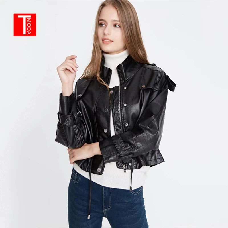 Женская мотоциклетная куртка TMODA295 черная из искусственной кожи на молнии