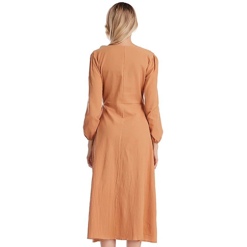 

Casual Solid Long Sleeve V-neck A-Line Women Sexy Dresses Autumn Women Dress Fashion Vintage Buttons Party Dress