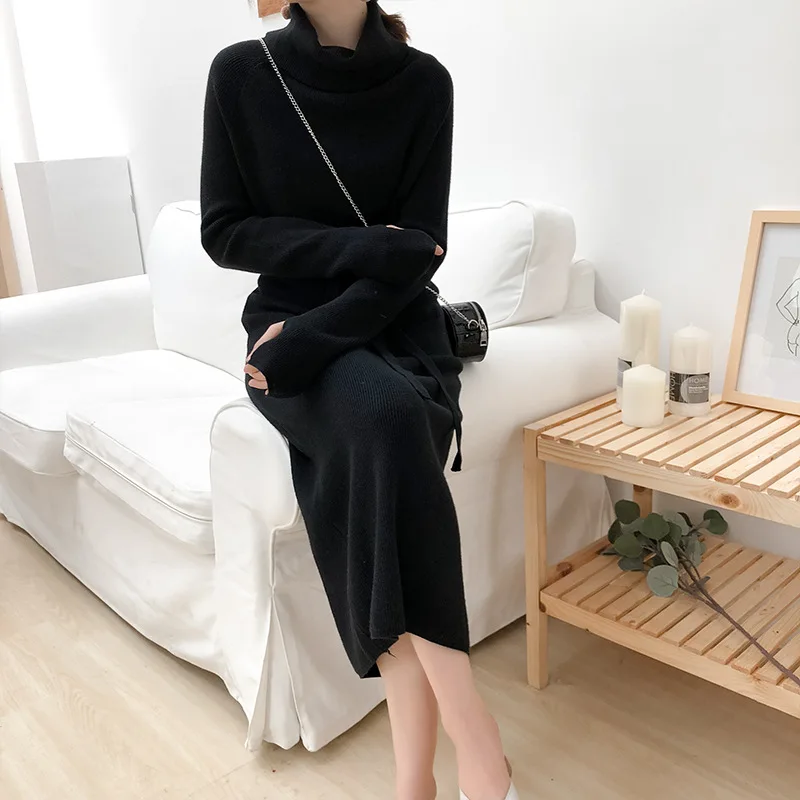 Luzuzi Winter Turtleneck Sweater Dress Women Lace Up Knitted Long Female Knitwear Full Sleeve Soft Vestidos high quality | Женская