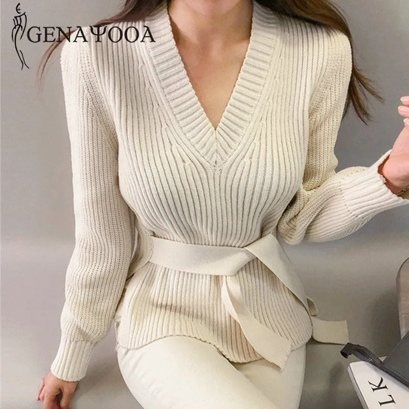 

Genayooa Office Ladies Women Sweater Korean Lace Up Jumper Ladies Long Sleeve V Neck Pullover Sweater Knitted Women Winter 2020