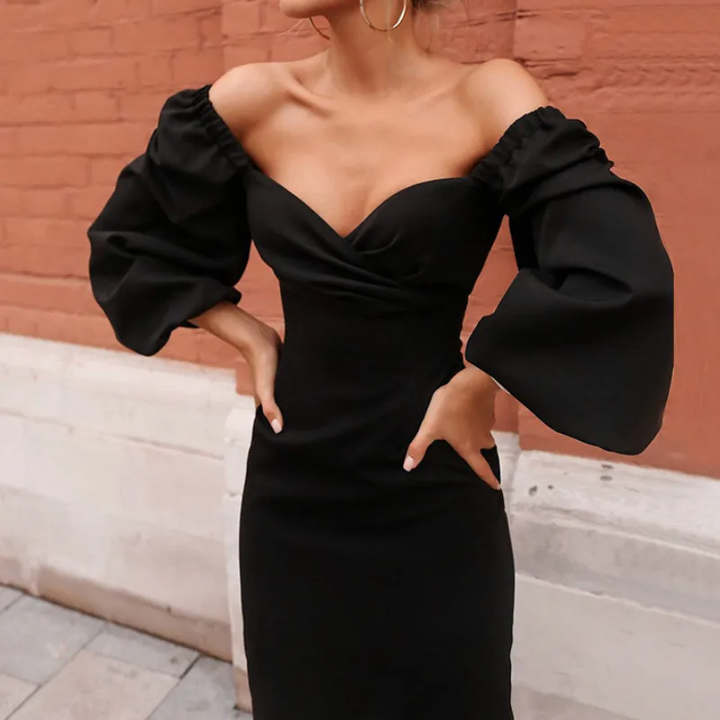 Женское сексуальное платье с v образным вырезом и открытыми плечами облегающее