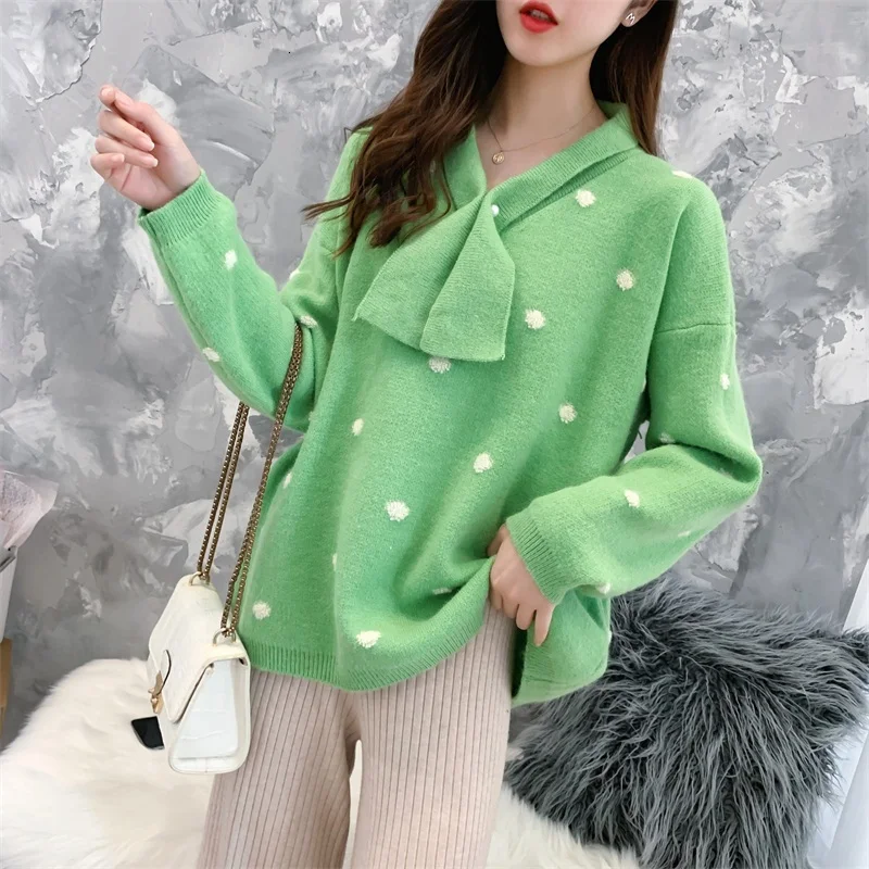 H.SA Women Winter Sweaters Long SLeeve Crew Neck Pink Pullover and Sweater Polka Dots Bow Sweaters Kawaii Knitwear Tops