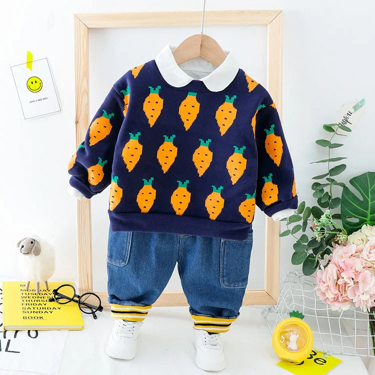 Новые зимние джинсы с морковкой для маленьких мальчиков и девочек комплект теплой одежды с длинными рукавами из двух предметов, Рождественский подарок Подарочный комплект - Цвет: Синий