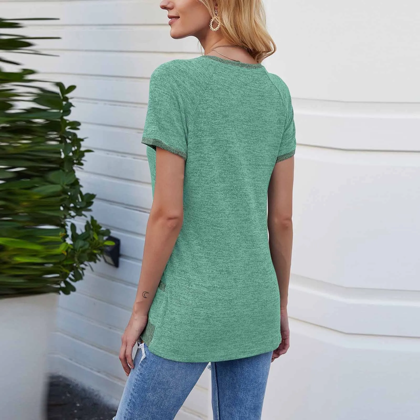 

40# Solid Pocket Splicing Blouses For Women Short Sleeve O-neck Pullover Top Women's Elegant Casual Tunic Shirts