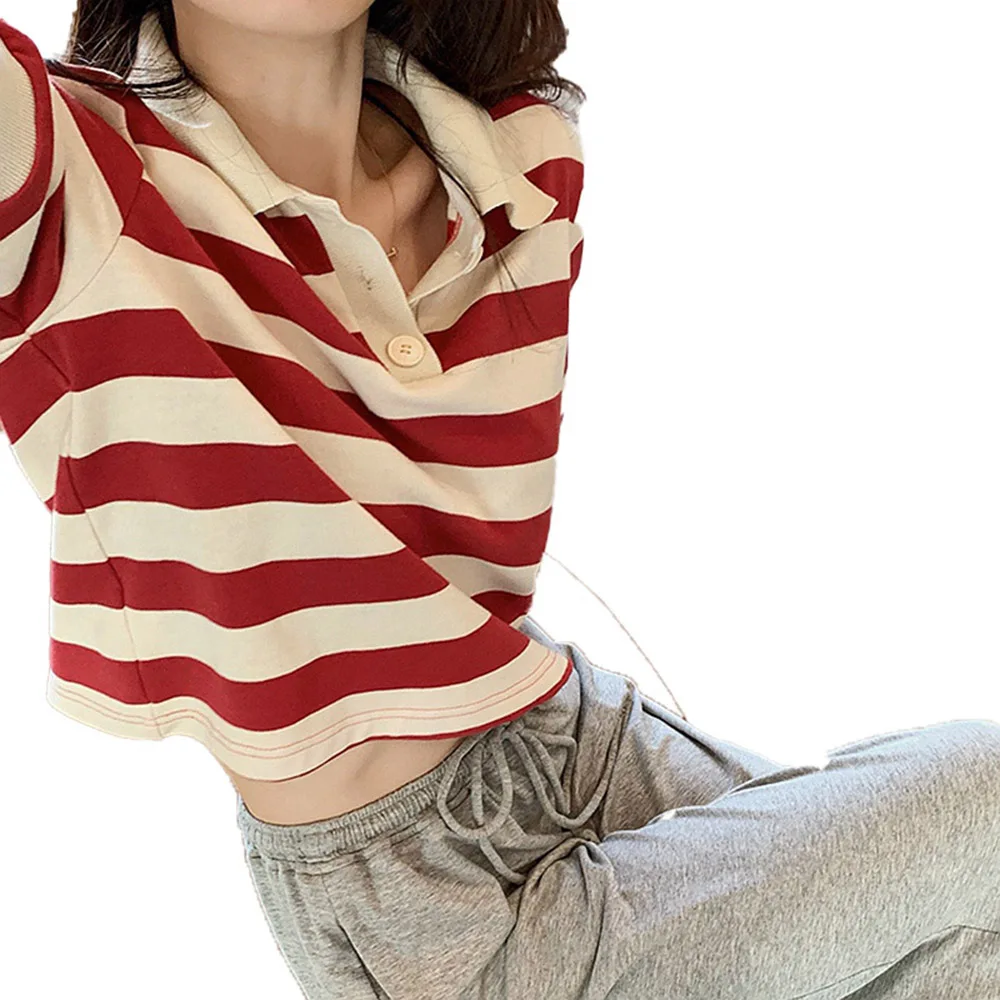 

Women Striped Student T-shirt Half-sleeved Top Design Polo Shirt Young Girl Fashion Summer Nice Pop Japan Korea Tee Casual Loose