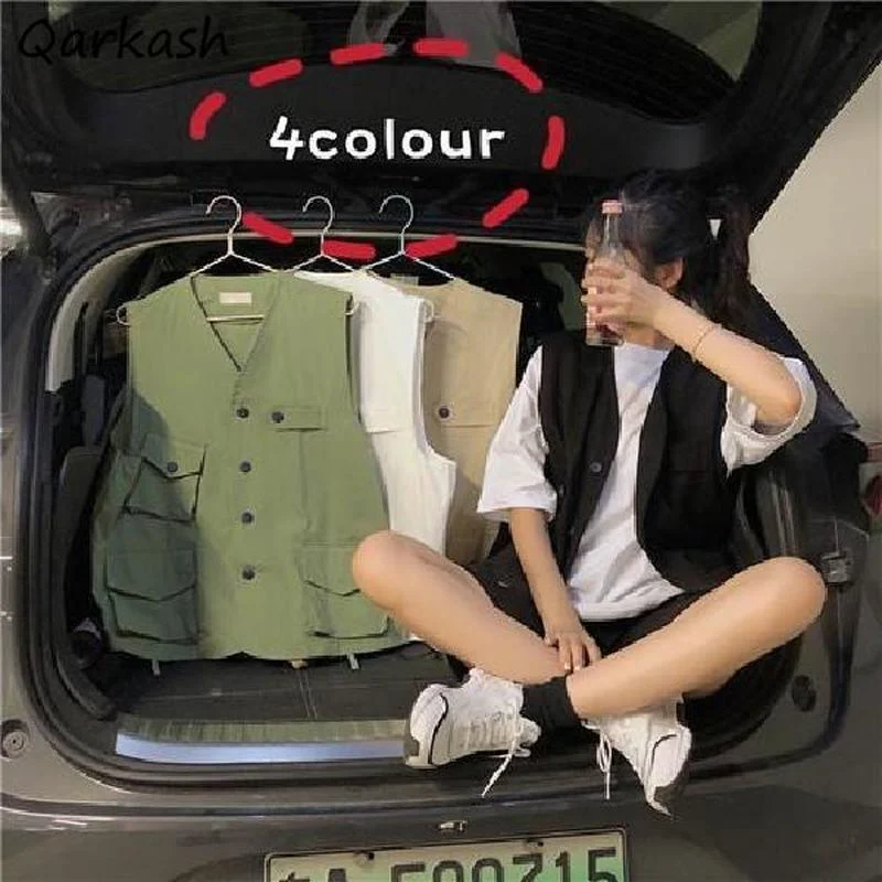 

Vests Women Unisex Solid Spring Thin Simple Ins Cargo BF Style Couple High Street Retro Sleeveless Basic Outerwear Female Loose