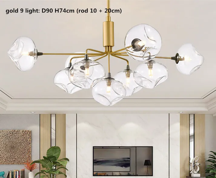 gold 9 light Подвесная освещающая Люстра для гостиной в скандинавском стиле G9, светодиодная люстра черного/золотистого цвета с металлическим стеклом, светодиодная люстра Lamparas - Цвет абажура: gold 9 light