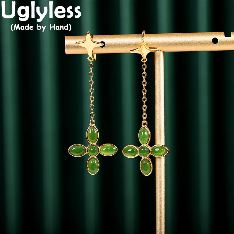 

Uglyless Natural Green Jade Jasper Clover Earrings Women Golden Stars Brincos 925 Silver Earrings Hotan Gemstones Floral Jewelry