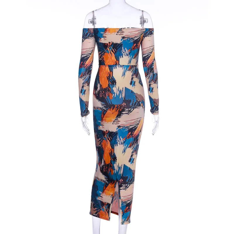 

Sexy Off Shoulder Long Sleeve Drawstring Tie Front Floral Print Hollow Out Wrapped Chest Slim Long Dress Women Robe