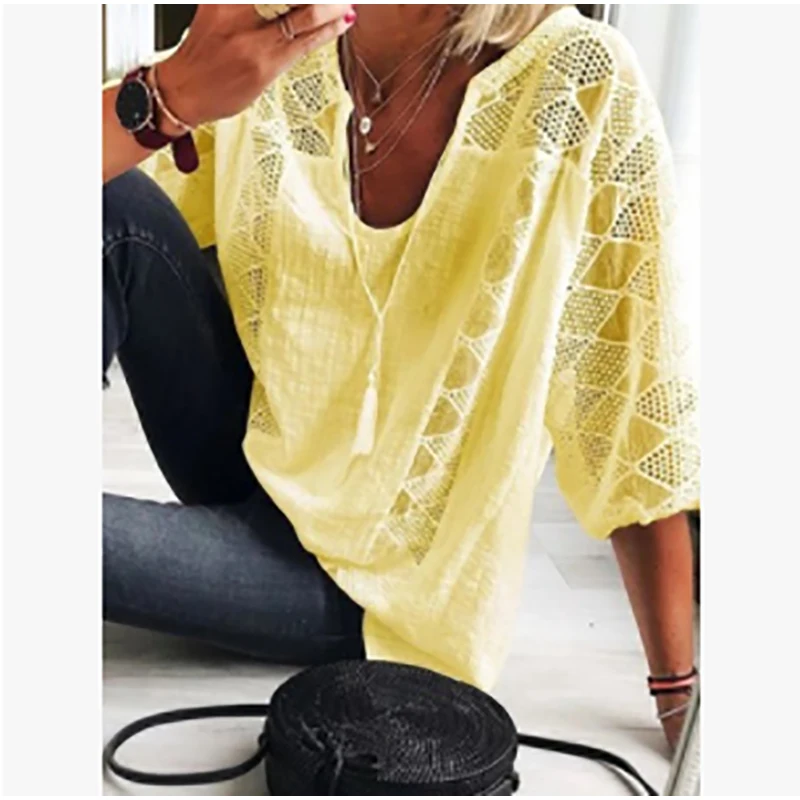 

Plus Size T Shirt Women Summer Casual U-Neck Tee Tops Autumn Elegant Hollow Out Lace Stitching Female Clothing Harajuku T-Shirt