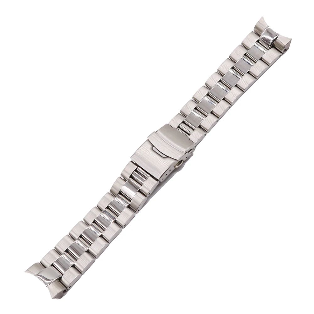 Rolamy 22mm Silver Solid Curved End Solid Links Replacement Watch Band Strap Bracelet Double Push Clasp For Seiko