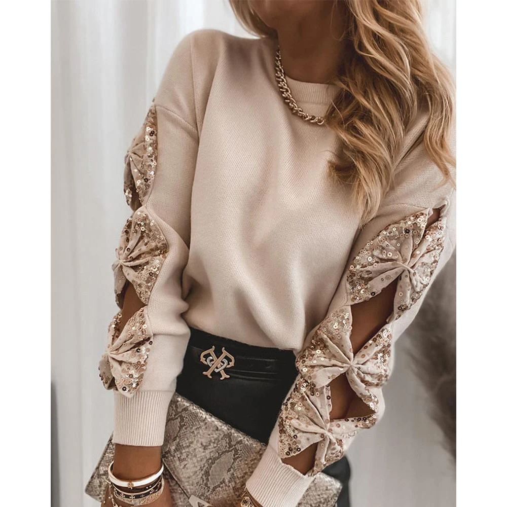 

Pullovers Tops Women O-Neck Cut-out Sleeve Sweater Sequin Bowknot Fall Casual Clothes Warm Knitted Sweaters