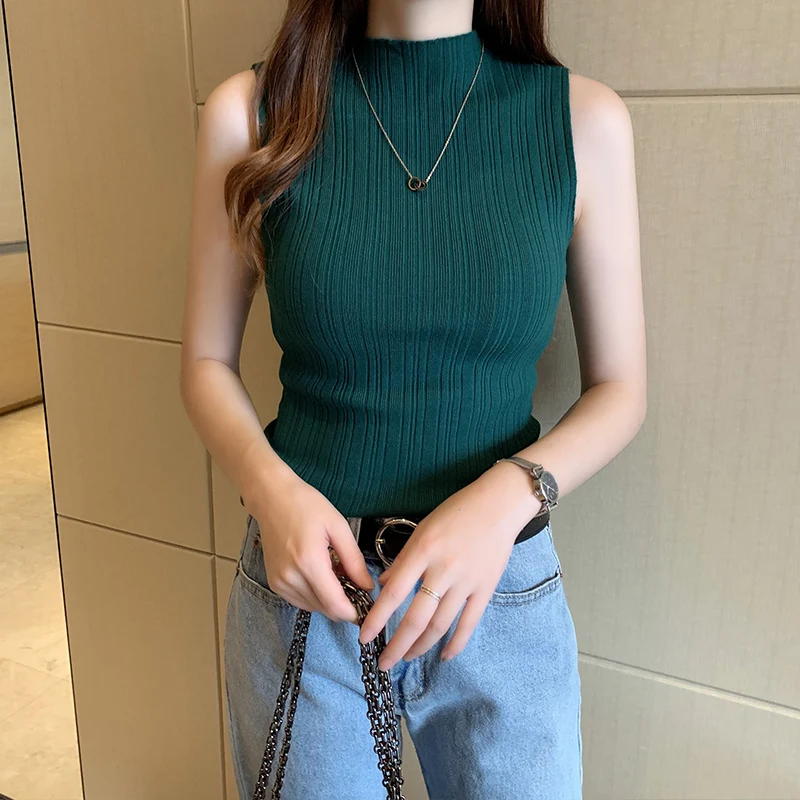 

Summer Ice Silk Shirts for Women 2022 New Sleeveless Vest Stand Collar Slim Knitted Blouses Women Thin Bottom Casual Tops 15665