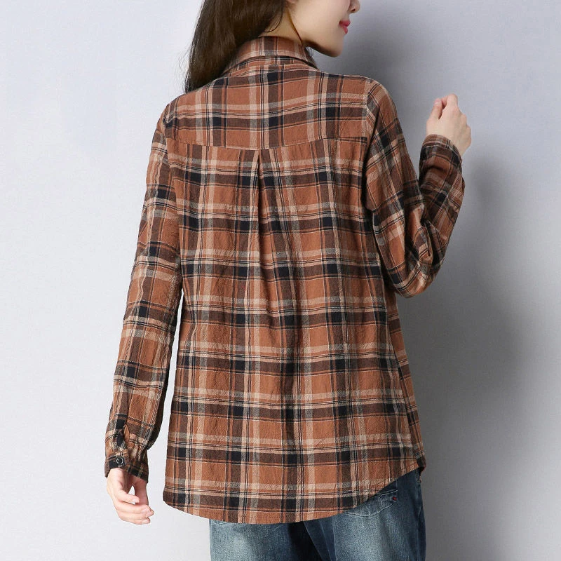 New Arrival Spring Autumn Women Long Sleeve Loose Shirt Plus Size Casual Plaid Turn-down Collar Blouse Cotton Ladies Tops S569 | Женская