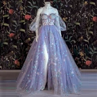 Светильник-Фиолетовое Тюлевое платье, Цветочное платье с открытыми плечами, милое платье, трапециевидные вечерние платья с разрезом, длинное платье с аппликацией