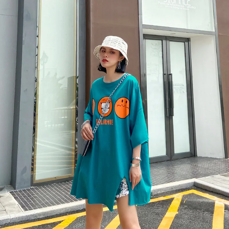 

Short Sleeve T-shirt Ladies Ins Tide Plus Size Loose Long Thin 2021 Summer Gothic Smile Face Print Cloth Fashion Colorful Coat