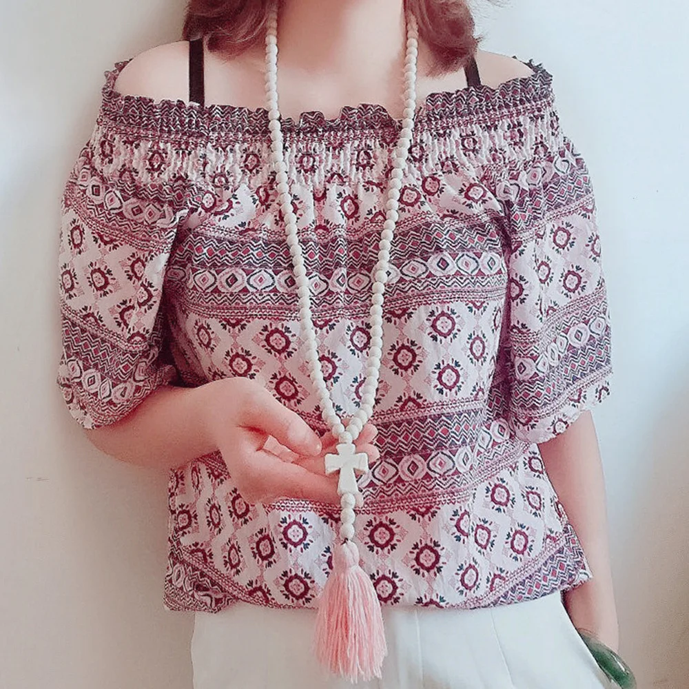 Ожерелье женское с деревянными бусинами подвеской в виде креста |