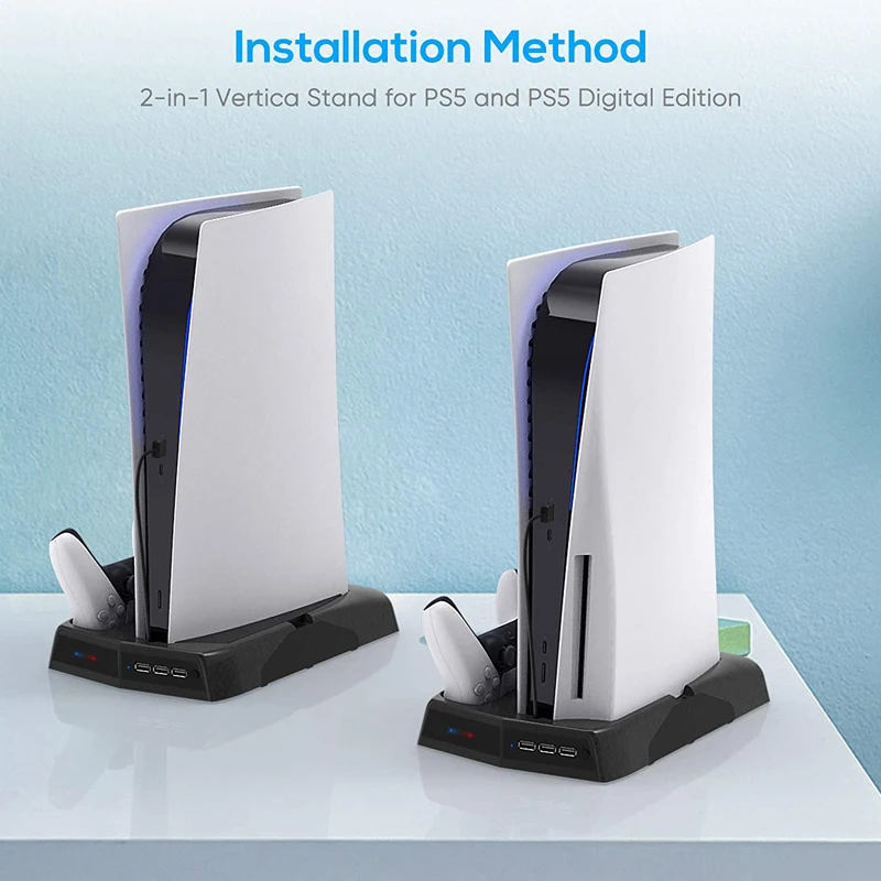 

Dual Controller Charger Vertical Stand with Cooling Fan 14 Games Slots Extra USB Ports LED Indicators for Playstation 5 / PS5