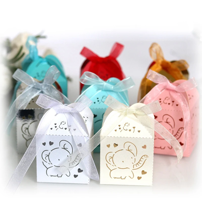 

50Pcs Elephant Laser Cut Wedding Favors Gift Box DIY Hollow Candy Boxe With Ribbon Baby Shower Engagement Wedding Party Decor